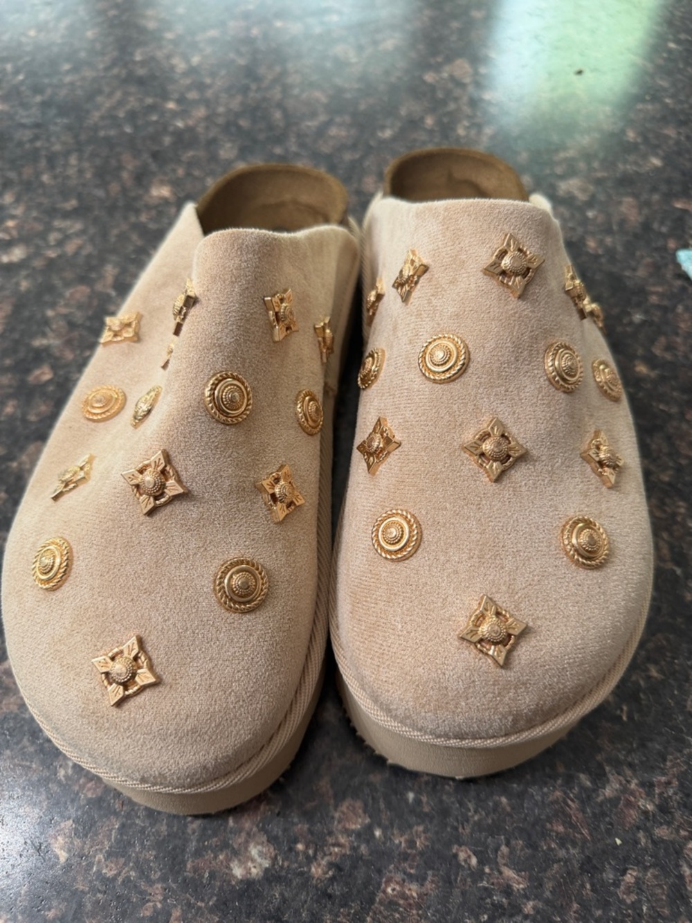 Outwoods Beige Suede Slip-On Clogs with Gold Stud Embellishments